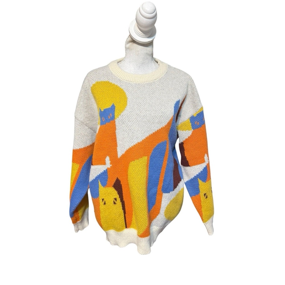 AELFRIC EDEN Sz L Graphic Colorful‎ Rainbow Crewneck Cat Sweater Unisex Colorful